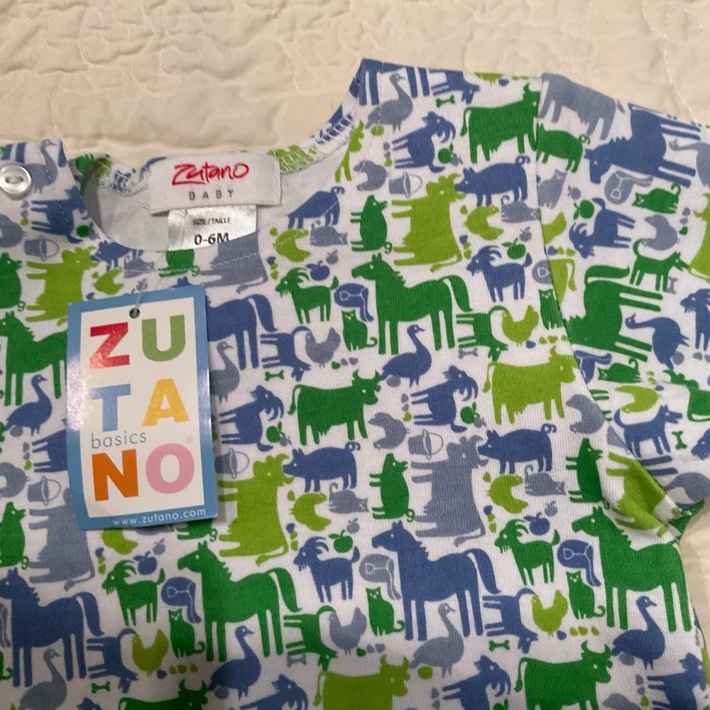 NWT 2 PC Zutano Green & Blue Farm Animal Print Cotton Outfit - Picture 2 of 5